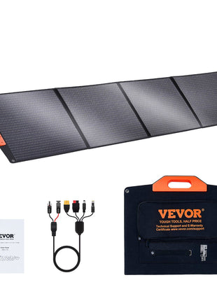Portable VEVOR solar panel, sleek black design with orange accents, includes charging cables and user manual.