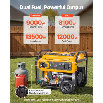 Portable Generator, Gasoline 13500W Peak Watt & LPG 12000W Peak Watt Dual Fuel Generator, Home Backup Generators with Electric Start, Gasoline & LPG Powered, CO Sensor, 20A & 50A Outlets