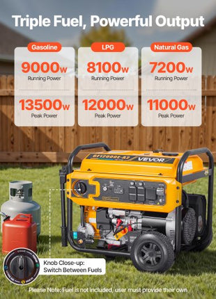 Portable Generator, Gasoline 13500W Peak Watt, LPG 12000W Peak Watt & Natural Gas 11000W Peak Watt Tri-Fuel Generator, Home Backup Generators with Electric Start, Gas, LPG & Natural Gas Powered