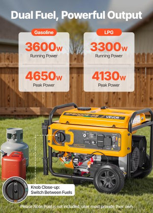 Portable Generator, Gasoline 4650W Peak Watt & LPG 4130W Peak Watt Dual Fuel Generator, Home Backup Generators with Electric Start, Gasoline & LPG Powered, CO Sensor, 20A & 50A Outlets