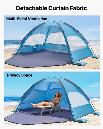 Beach Tent Sun Shelter for 4 Person, UPF 50+ Protection, Portable Sun Shade Canopy with Carrying Bag & Sand Pockets, Lightweight and Easy Setup Beach Umbrella for Camping Fishing Outdoor Picnic