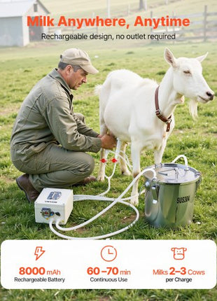 Goat Milking Machine, 3.2 Gal / 12 L Food-Grade Stainless Steel Bucket, 4 Teat Cups for Cows and Goats, with 8000 mAh Rechargeable Battery, Electric Pulsation Milking Machine Portable Milker