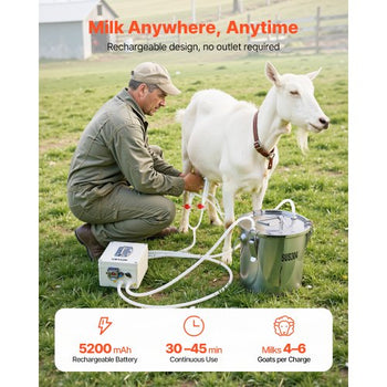 Goat Milking Machine, 0.8 Gal / 3 L Food-Grade Stainless Steel Bucket, with 5200 mAh Rechargeable Battery, 2 Teat Cups, Cordless Portable Pulsation Vaccum Electric Milking Machine for Goats Only
