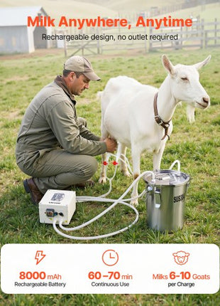 Goat Milking Machine, 1.8 Gal / 7 L Food-Grade Stainless Steel Bucket, 4 Teat Cups for Cows and Goats, with 8000 mAh Rechargeable Battery, Electric Pulsation Milking Machine Portable Milker