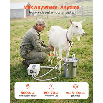 Goat Milking Machine, 1.8 Gal / 7 L Food-Grade Stainless Steel Bucket, 4 Teat Cups for Cows and Goats, with 8000 mAh Rechargeable Battery, Electric Pulsation Milking Machine Portable Milker