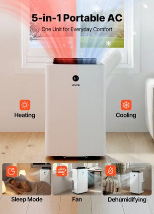 Portable Air Conditioner and Heater Combo, 14000 BTU (9800 BTU SACC) 5-in-1 Standing Cooling Ac Unit, LED Touch Panel & Remote Control, 24h Timer, Dehumidifier/Fan/Sleep Mode for Room Indoor