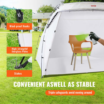 White outdoor canopy tent with wind-proof hooks, fiberglass poles, and stakes, perfect for events or backyard use.