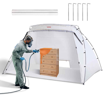 White portable spray booth with clear cover, metal frame, and included stakes, ideal for painting furniture and crafts.