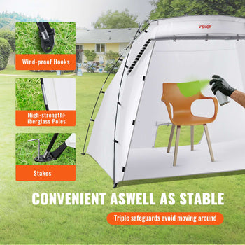 VEVOR white pop-up tent with wind-proof hooks, fiberglass poles, and stakes, ideal for outdoor use.