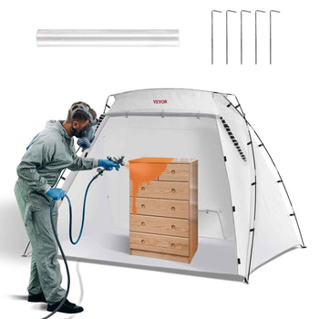 VEVOR spray booth tent, white, with paint sprayer and wooden dresser, includes 5 pegs for stability. Ideal for DIY projects.