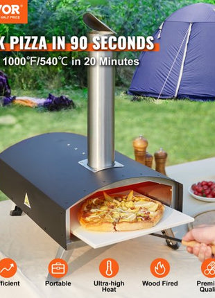 Outdoor Oven 12-inch Pellet and Charcoal Fired Maker, Portable Outside Stainless Steel Grill with Pizza Stone, Waterproof Cover, Shovel, Wood Burner for Backyard Camping, Black