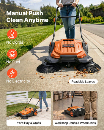 Walk-Behind Hand Push Floor Sweeper, Manual Floor Sweeper Non-Electric with 25.6" Sweeping Width, 5 Gallons Waste Container & Adjustable Folding Handle for Yards Walkways Patios Garages - Orange