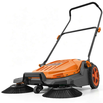 Walk-Behind Hand Push Floor Sweeper, Manual Floor Sweeper Non-Electric with 25.6" Sweeping Width, 5 Gallons Waste Container & Adjustable Folding Handle for Yards Walkways Patios Garages - Orange