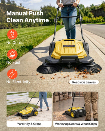 Walk-Behind Hand Push Floor Sweeper, Manual Floor Sweeper Non-Electric with 25.6" Sweeping Width, 5 Gallons Waste Container & Adjustable Folding Handle for Yards Walkways Patios Garages - Yellow