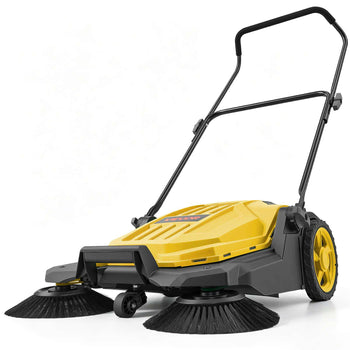 Walk-Behind Hand Push Floor Sweeper, Manual Floor Sweeper Non-Electric with 25.6" Sweeping Width, 5 Gallons Waste Container & Adjustable Folding Handle for Yards Walkways Patios Garages - Yellow