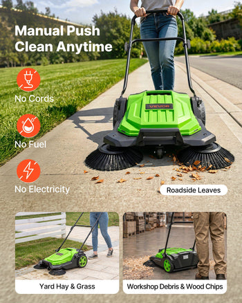 Walk-Behind Hand Push Floor Sweeper, Manual Floor Sweeper Non-Electric with 25.6" Sweeping Width, 5 Gallons Waste Container & Adjustable Folding Handle for Yards Walkways Patios Garages - Green