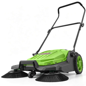 Walk-Behind Hand Push Floor Sweeper, Manual Floor Sweeper Non-Electric with 25.6" Sweeping Width, 5 Gallons Waste Container & Adjustable Folding Handle for Yards Walkways Patios Garages - Green