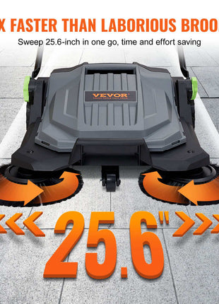 VEVOR 25.6" outdoor sweeper in gray and orange, efficient cleaning with dual side brushes, time-saving design.