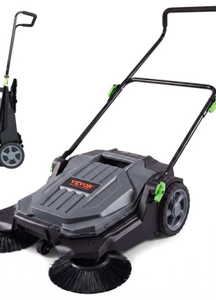 VEVOR manual push sweeper, gray and black, featuring dual brushes and ergonomic handle for efficient cleaning.