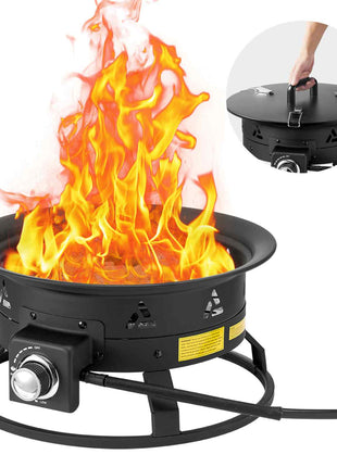Propane Fire Pit, 19-Inch Diameter Outdoor Portable Gas Fire Pit with Cover & Lava Rocks, Adjustable Flame Height Camping Firepit for Heating, Lighting, Gathering, 58,000 BTU, Black