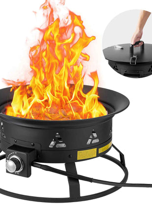 Propane Fire Pit, 24-Inch Diameter Outdoor Portable Gas Fire Pit with Cover & Lava Rocks, Adjustable Flame Height Camping Firepit for Heating, Lighting, Gathering, 58,000 BTU, Black