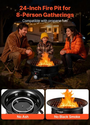 Propane Fire Pit 24-Inch, 53,000 BTU Portable Gas Fire Pit, with Grill Grate & Lava Rocks, Adjustable Flame, Folding Legs,Smokeless Outdoor Firebowl for Camping, Patio, Backyard, Deck, RV, Black