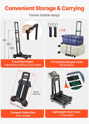 Folding Hand Truck, 290 lbs Load Capacity, Collapsible Luggage Cart with 4 Wheels, 2 Elastic Ropes & Expandable Base, Utility Dolly Platform Cart for Airport Travel Luggage Office Moving, Black