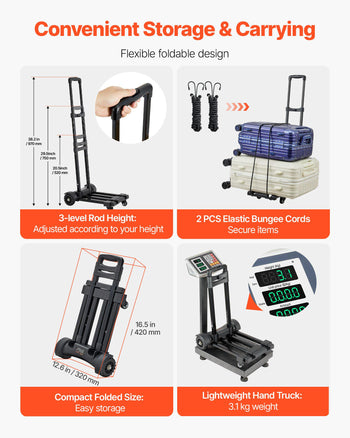 Folding Hand Truck, 290 lbs Load Capacity, Collapsible Luggage Cart with 4 Wheels, 2 Elastic Ropes & Expandable Base, Utility Dolly Platform Cart for Airport Travel Luggage Office Moving, Black