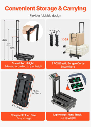 Folding Hand Truck, 500 lbs Load Capacity, Collapsible Luggage Cart with 6 Wheels, 2 Elastic Ropes & Expandable Base, Utility Dolly Platform Cart for Airport Travel Luggage Office Moving, Black