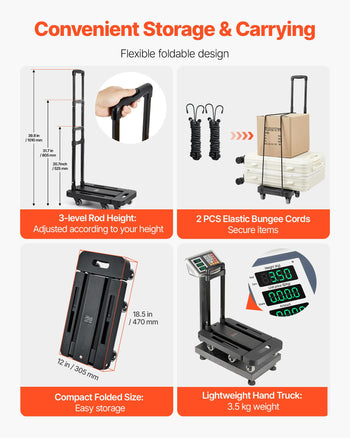 Folding Hand Truck, 500 lbs Load Capacity, Collapsible Luggage Cart with 6 Wheels, 2 Elastic Ropes & Expandable Base, Utility Dolly Platform Cart for Airport Travel Luggage Office Moving, Black