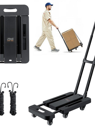 Folding Hand Truck, 500 lbs Load Capacity, Collapsible Luggage Cart with 6 Wheels, 2 Elastic Ropes & Expandable Base, Utility Dolly Platform Cart for Airport Travel Luggage Office Moving, Black