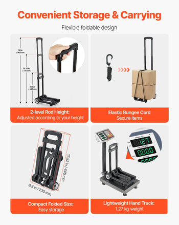 Folding Hand Truck, 110 lbs Load Capacity, Collapsible Luggage Cart with 2 Wheels & 1 Elastic Rope, Utility Dolly Platform Cart for Airport Travel Furniture Luggage Office Moving, Black
