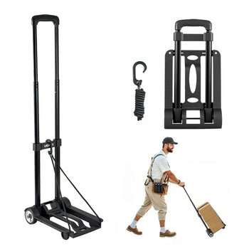 Folding Hand Truck, 110 lbs Load Capacity, Collapsible Luggage Cart with 2 Wheels & 1 Elastic Rope, Utility Dolly Platform Cart for Airport Travel Furniture Luggage Office Moving, Black
