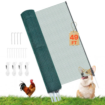 Temporary Fence with Posts, 3 x 49.2 FT Plastic Mesh Fencing, Garden Safety Fences Netting with Double-Spike Stakes & Guy Ropes, Temporary Fence for Dogs, Chickens, Plants, Outdoor Yards