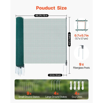 Temporary Fence with Posts, 3.9 x 49.2 FT Plastic Mesh Fencing, Garden Safety Fences Netting with Double-Spike Stakes & Guy Ropes, Temporary Fence for Dogs, Chickens, Plants, Outdoor Yards