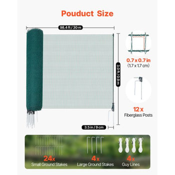 Temporary Fence with Posts, 3 x 98.4 FT Plastic Mesh Fencing, Garden Safety Fences Netting with Double-Spike Stakes & Guy Ropes, Temporary Fence for Dogs, Chickens, Plants, Outdoor Yards