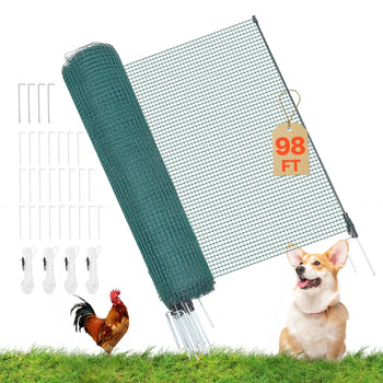 Temporary Fence with Posts, 3 x 98.4 FT Plastic Mesh Fencing, Garden Safety Fences Netting with Double-Spike Stakes & Guy Ropes, Temporary Fence for Dogs, Chickens, Plants, Outdoor Yards