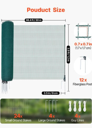 Temporary Fence with Posts, 3.9 x 98.4 FT Plastic Mesh Fencing, Garden Safety Fences Netting with Double-Spike Stakes & Guy Ropes, Temporary Fence for Dogs, Chickens, Plants, Outdoor Yards
