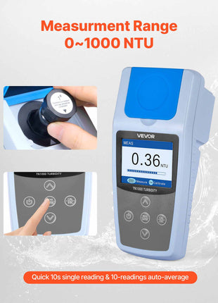 Turbidity Meter, 0–1000 NTU Measuring Range, ISO 7027 Compliant, Portable Red Light Turbidimeter, Quick Reading, with Calibration Solutions, Sample Vials, and Carry Case, for Field and Plant