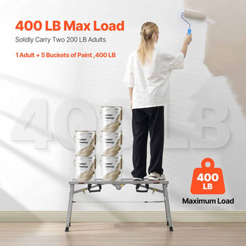 Work Platform, 3 Gear Adjustable Height, Folding Alloy Steel Step Ladder, Portable Scaffolding Platform, 400 lb Load Capacity, Non-Slip Rubber Feet, Drywall Painting Stool, for Cleaning &Washing