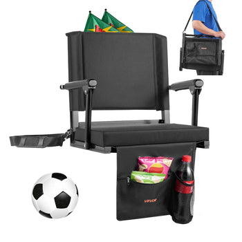 Stadium Seat, Portable Bleacher Seat with Armrest, Back Support and Thick Cushion, Bench Chair for Bleacher Includes Shoulder Strap, Hooks, Cup Holder, Black Football Bleachers Seats, 1PCS