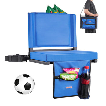 Stadium Seat, Folding Bleacher Chair with Back Support and Thick Cushion, Padded Stadium Seat for Bleacher Includes Shoulder Strap, Hooks, Cup Holder, and Side Pocket, Blue Bleachers Chair