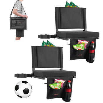 Stadium Seat, Folding Bleacher Seat with Back Support and Thick Cushion, Padded Stadium Seats for Bleacher Includes Shoulder Strap, Hooks, Cup Holder, and Side Pocket, Black Bleachers Chair
