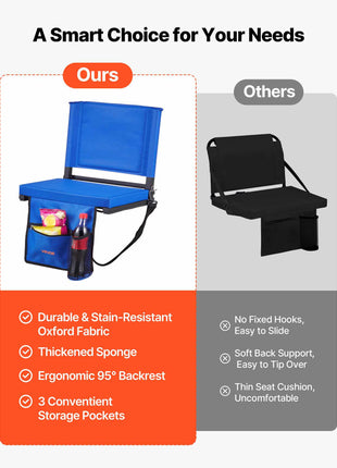 Stadium Seat, Folding Bleacher Seat with Back Support & Thick Cushion, Padded Stadium Seats for Bleacher Includes Shoulder Strap, Hooks, Cup Holder, and Side Pocket, Blue Bleachers Chair