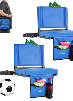 Stadium Seat, Folding Bleacher Seat with Back Support & Thick Cushion, Padded Stadium Seats for Bleacher Includes Shoulder Strap, Hooks, Cup Holder, and Side Pocket, Blue Bleachers Chair
