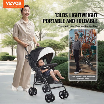 Lightweight Stroller, Compact Easy Fold MultiPosition Recline Canopy Backrest, Carbon Steel Frame, Large Storage Basket, Umbrella Toddler Baby Stroller for Travel and More, Black/White