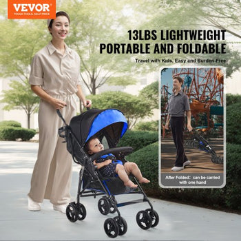 Lightweight Stroller, Compact Easy Fold MultiPosition Recline Canopy Backrest, Carbon Steel Frame, Large Storage Basket, Umbrella Toddler Baby Stroller for Travel and More, Black/Blue