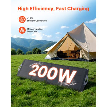 200W Foldable Solar Panel, 24% High-Efficiency Portable Monocrystalline Solar Panel Charger with MC4 Output, USB-A, Type-C & DC Ports, IP67 Waterproof for Power Stations, Camping, Hiking Trips