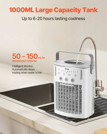 Portable Air Conditioner, 4-in-1 Evaporative Air Cooler with Remote Control, 3-Speed Mini Air Conditioner with Timer, 3 Mist Levels, 1L Water Tank, 120° Oscillating Mini AC Fan for Desktop Home