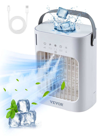 Portable Air Conditioner, 4-in-1 Evaporative Air Cooler, 3-Speed Mini Air Conditioner with 0-7H Smart Timer, 700ml Water Tank, 7-Color Light, Personal Mini Desk AC Fan for Bedroom Office Room